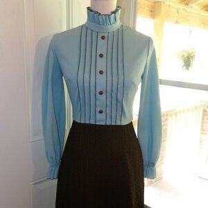 Women's Blue and Brown Ruffled Bodice Polyester Dress Momentum Small 1970s
